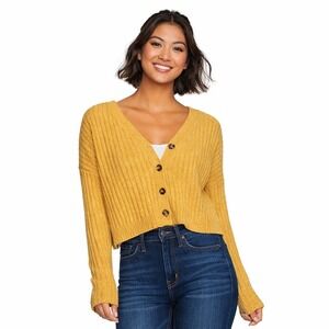 SO Kohls Mustard Ribbed Cropped Cardigan Small Button Front Cozy Fall Layer